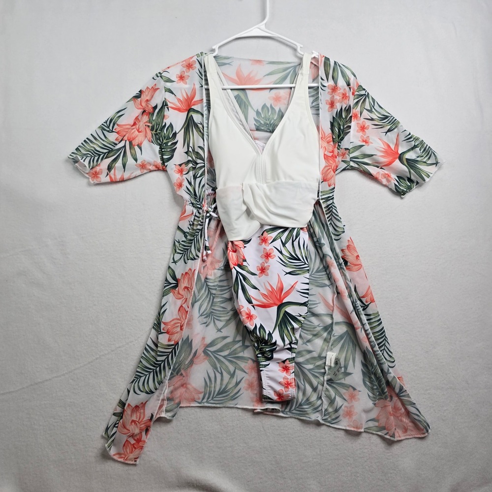 Tropical Floral One Piece Swimsuit & Matching Kimono Cover Up Set‎ Beach Resort
